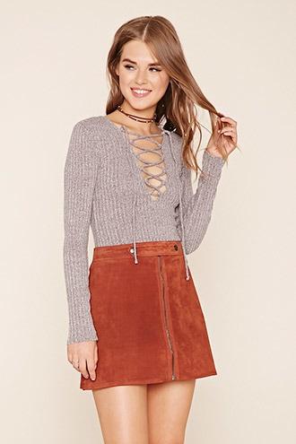 Forever21 Women's  Blush & Grey Marled Lace-up Top