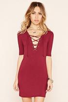 Forever21 Women's  Burgundy Ribbed Lace-up Bodycon Dress