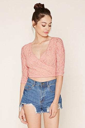 Forever21 Women's  Peach Lace Surplice Crop Top