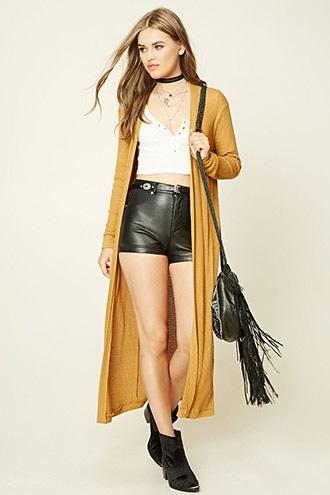 Forever21 Women's  Mustard Longline Waffle Knit Cardigan