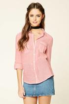 Forever21 Women's  Coral Striped Pocket Shirt
