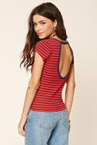 Forever21 Women's  Red & Navy Striped Cutout-back Tee