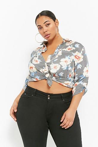 Forever21 Plus Size Satin Striped & Floral Print Shirt