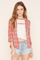 Forever21 Women's  Coral Plaid Flannel Hooded Shirt