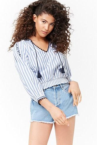 Forever21 Floral Embroidered Striped Peasant Top