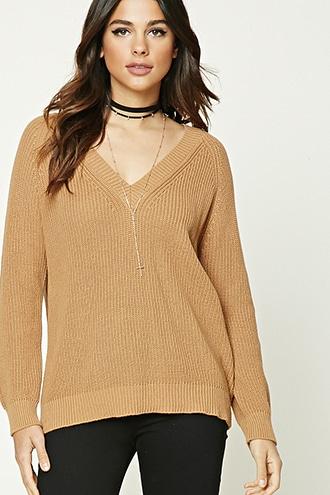 Forever21 Women's  Camel Ribbed V-neck Tunic