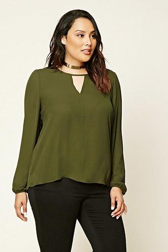 Forever21 Plus Women's  Olive Plus Size Keyhole Cutout Top
