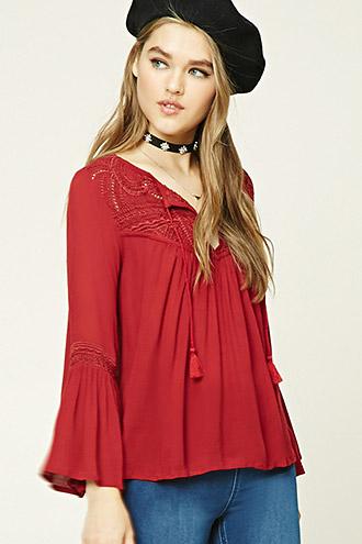 Forever21 Women's  Wine Crochet Trumpet Sleeve Top