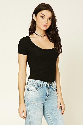 Forever21 Women's  Black Scoop Neck Crop Top