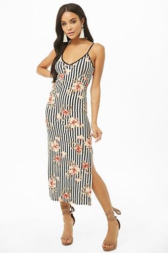 Forever21 Striped Floral Bodycon Midi Dress