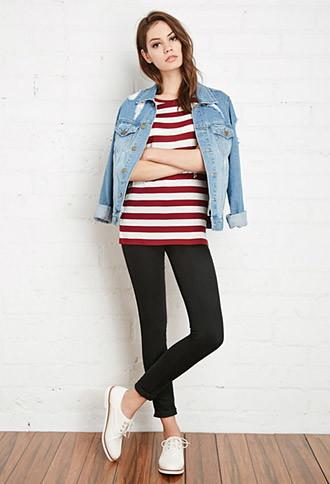 Forever21 Women's  Classic Striped Tee (cream/burgundy)