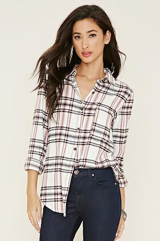 Forever21 Women's  White & Burgundy Plaid Flannel Shirt