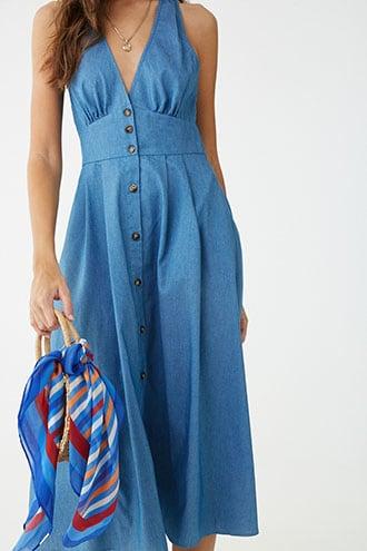 Forever21 Strappy Chambray Button-front Midi Dress