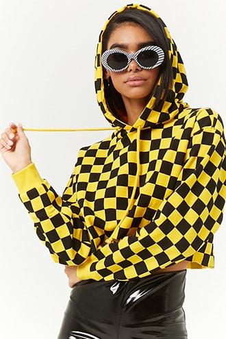 Forever21 Fleece Checkered Cropped Hoodie