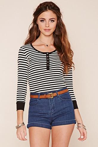 Forever21 Women's  Oatmeal & Black Striped Knit Tee