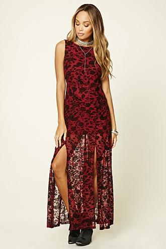 Forever21 Women's  Burgundy & Black M-slit Floral Maxi Dress