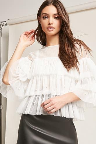 Forever21 Eta Faux Pearl Sheer Mesh Tiered Top