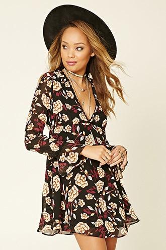 Forever21 Women's  Black & Cream V-neck Floral Print Dress