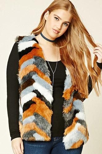 Forever21 Plus Women's  Black & Ivory Plus Size Faux Fur Vest