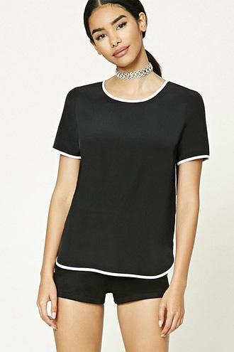 Forever21 Women's  Black & Cream Dolphin Hem Ringer Top
