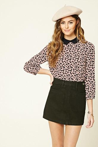 Forever21 Women's  Pink & Black Floral Print Collar Top