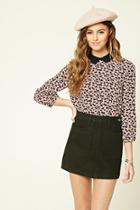 Forever21 Women's  Pink & Black Floral Print Collar Top