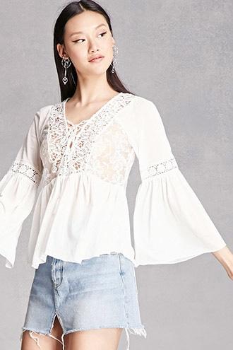 Forever21 Crochet Panel Bell-sleeve Top
