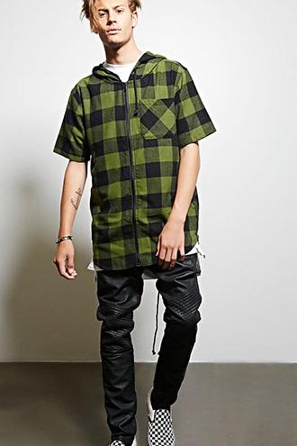 21 Men Men's  Black & Olive Victorious Hooded Flannel Shirt