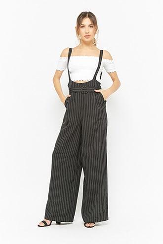 Forever21 Pinstriped Belted Suspender Jumpsuit