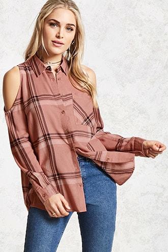 Forever21 Open-shoulder Flannel Shirt