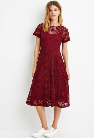 Love21 Women's  Burgundy Contemporary Floral Crochet Midi Dress