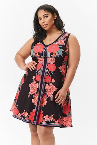 Forever21 Plus Size Floral Striped Fit & Flare Mini Dress