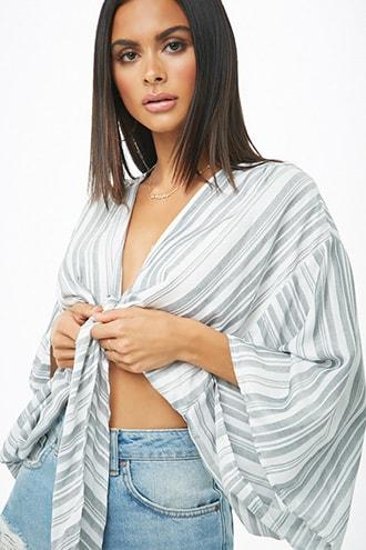 Forever21 Striped Gauze Tie-front Top