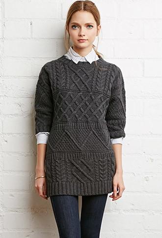 Forever21 Women's  Contrast Cable Knit Sweater (dark Grey)