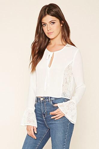 Forever21 Women's  Ivory Embroidered Sheer Top