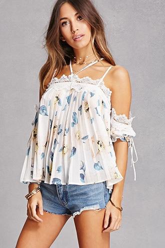 Forever21 Pleated Chiffon Open-shoulder Top