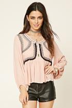 Forever21 Women's  Salmon & Black Embroidered Tassel Top