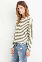 Love21 Women's  Striped Reverse French Terry Top (olive/ivory)
