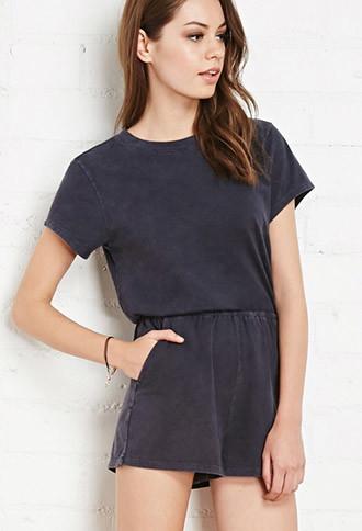 Forever21 Women's  Burnout Button-back Romper (navy)