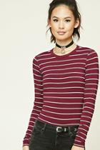 Forever21 Women's  Burgundy & Cream Striped Knit Bodysuit