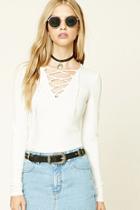 Forever21 Women's  Cream Ribbed Knit Lace-up Top