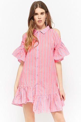 Forever21 Striped Button-front Open-shoulder Dress