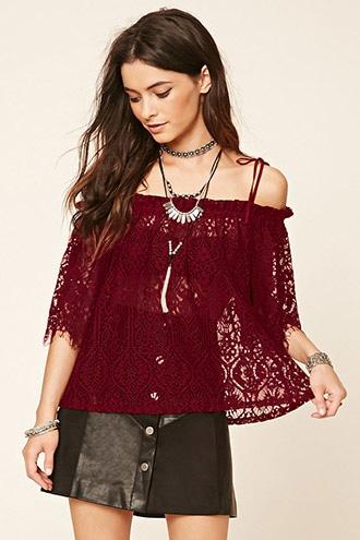 Forever21 Women's  Open-shoulder Eyelash Lace Top