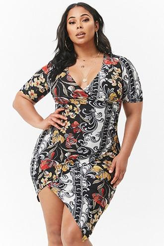 Forever21 Plus Size Baroque Floral Asymmetrical Surplice Mini Dress
