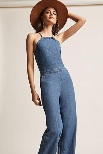 Forever21 Denim High-neck Jumpsuit