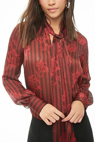 Forever21 Striped Floral Pussycat Bow Top