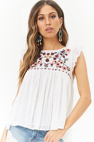 Forever21 Sheer Floral Embroidered Clip Dot Top