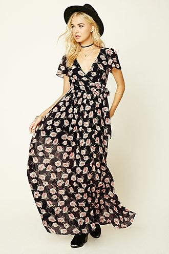 Forever21 Women's Black & Pink Floral Print Wrap Maxi Dress