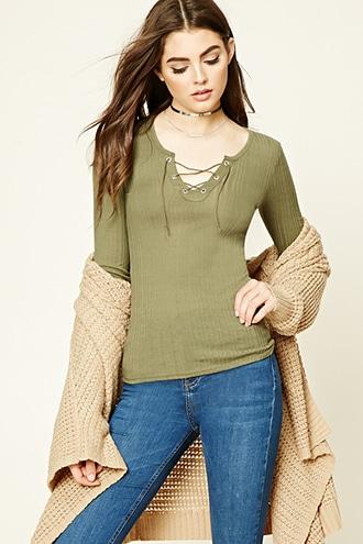 Forever21 Women's  Olive Lace-up Grommet Top
