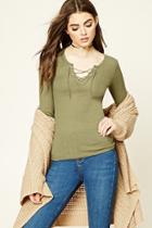 Forever21 Women's  Olive Lace-up Grommet Top